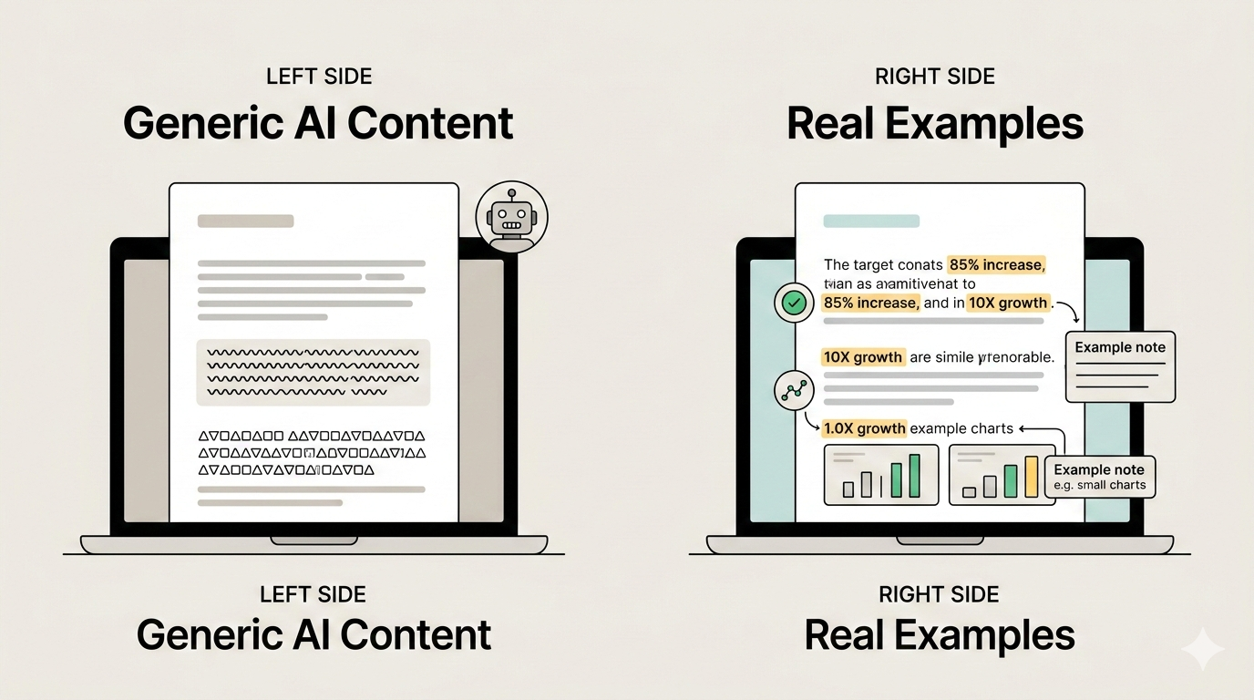Specific examples make AI content feel real.